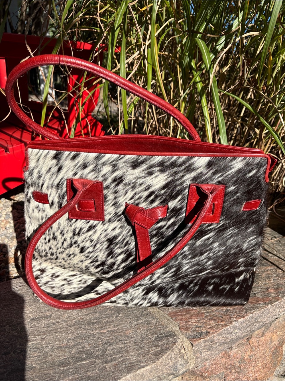 Red-Trim Haircalf Tote with Speckled Black-and-White Body